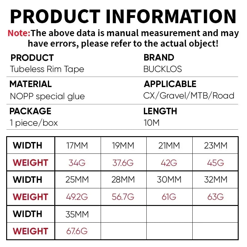 BUCKLOS 10M Bicycle Tubeless Rim Tape 17/19/21/23/25/28/30/32/35mm Width Bike Wheel Rim Stripe MTB Road Bike Wheel Rim Tape Pi-Mart