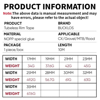 BUCKLOS 10M Bicycle Tubeless Rim Tape 17/19/21/23/25/28/30/32/35mm Width Bike Wheel Rim Stripe MTB Road Bike Wheel Rim Tape Pi-Mart
