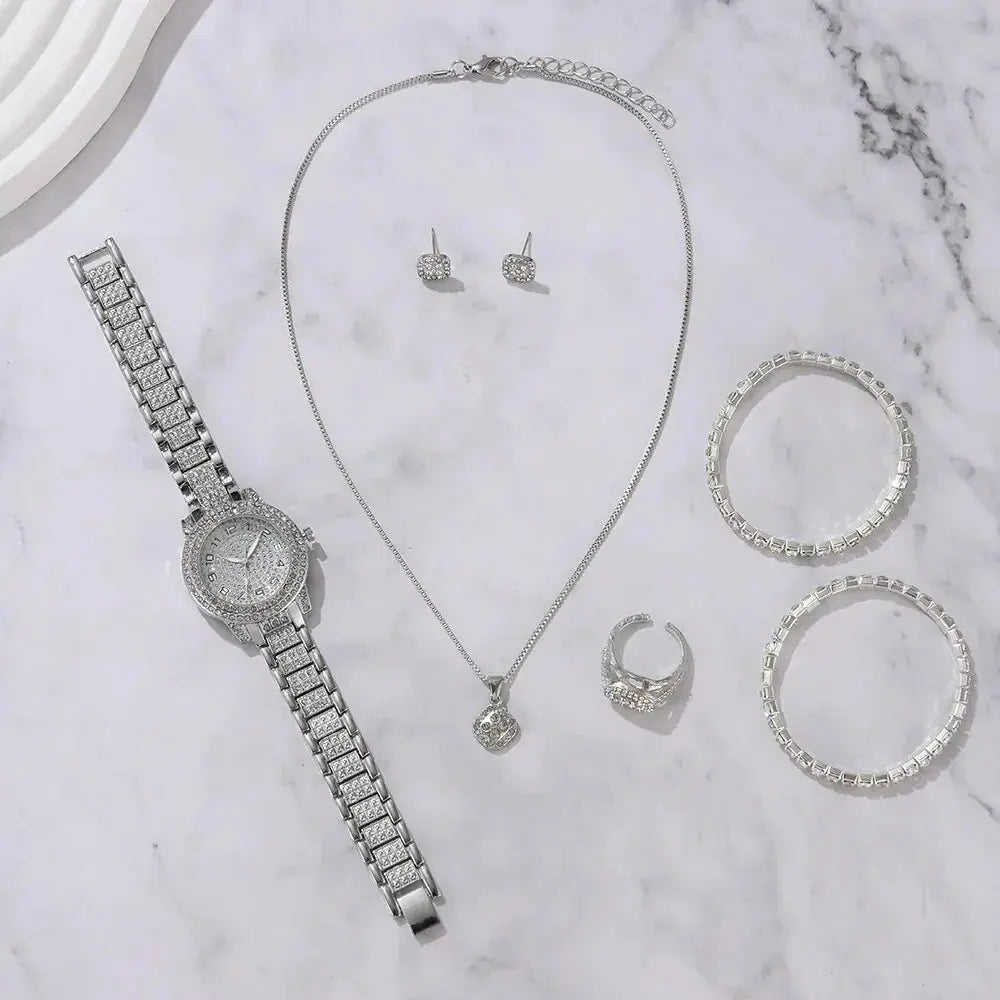 6PCS Women Watch Luxury Elegant Alloy Watch Crystal Wristwatch For Ladies Gift Quartz Watch Alloy Rhinestone Bracelet Montre NovaCart