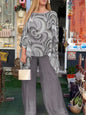 Print Chiffon Two Piece Set Women O Neck Long Sleeve Top Wide Leg Pants