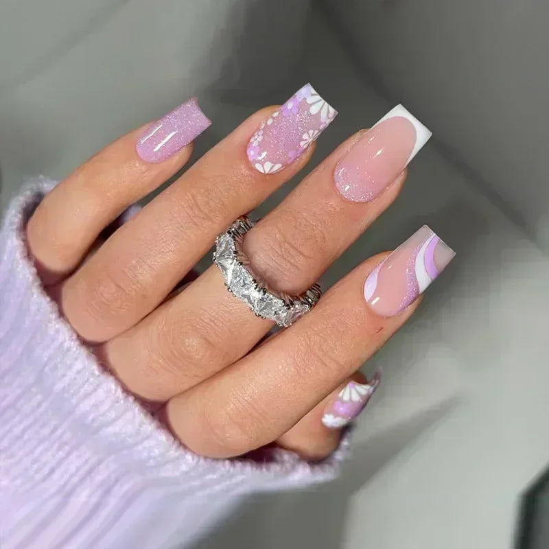 24Pcs Short Square Coffin False Nails Square Fake Nails with Glue French Glitter Wearable Acrylic Nails Set Press on Nail Tips NovaCart