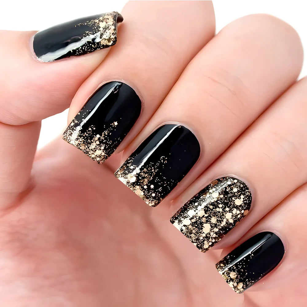 24Pcs Short Square Coffin False Nails Square Fake Nails with Glue French Glitter Wearable Acrylic Nails Set Press on Nail Tips NovaCart