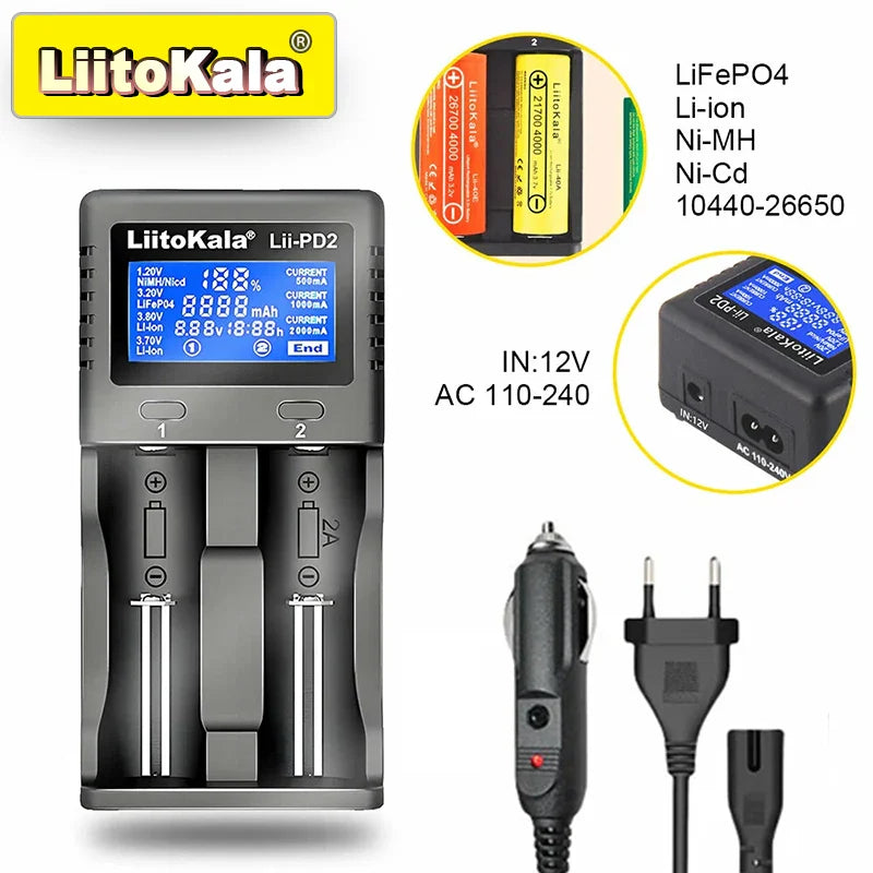 LiitoKala Lii-PD4/PD2 AC PD Charger LCD Fast Charging 4/2-Bay for 21700/18650/AA/AAA Multi-Protection Auto-Detect Pi-Mart