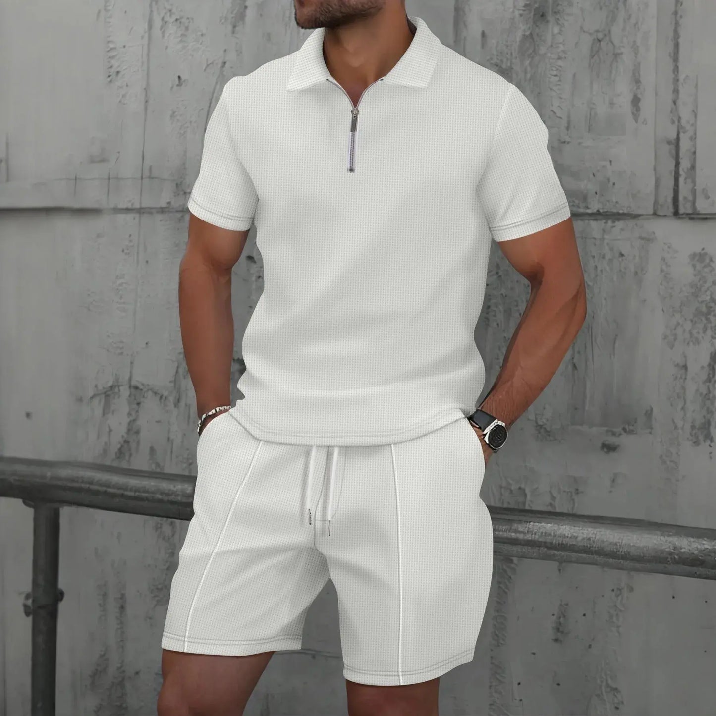 2025 Men Europe and the United States new summer Waffle solid color zip-up lapel short-sleeve suit shorts two sets NovaCart