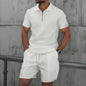 2025 Men Europe and the United States new summer Waffle solid color zip-up lapel short-sleeve suit shorts two sets NovaCart