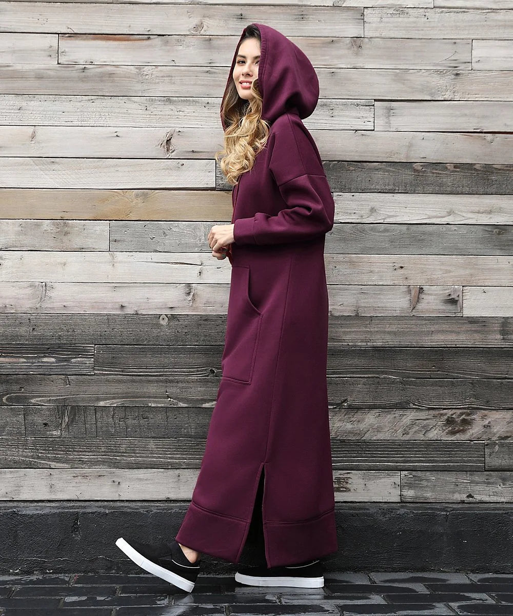Hoodies Dress For Women Fashion 2025 Hem Lace-up Midi Robe Hooded Long Dress Autumn Winter Warm Casual Loose Sweatshirt Vestidos NovaCart
