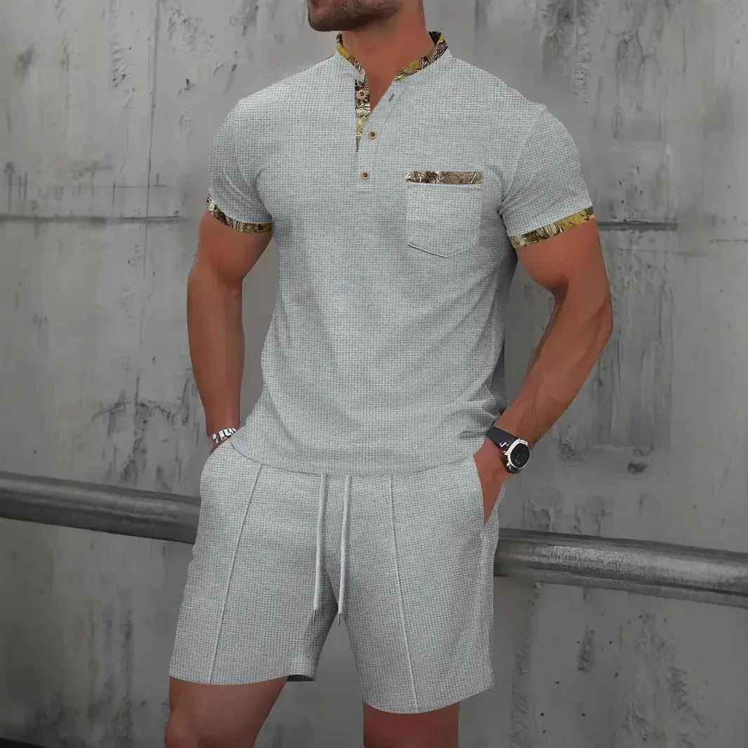 2025 Men Europe and the United States new summer Waffle solid color zip-up lapel short-sleeve suit shorts two sets NovaCart