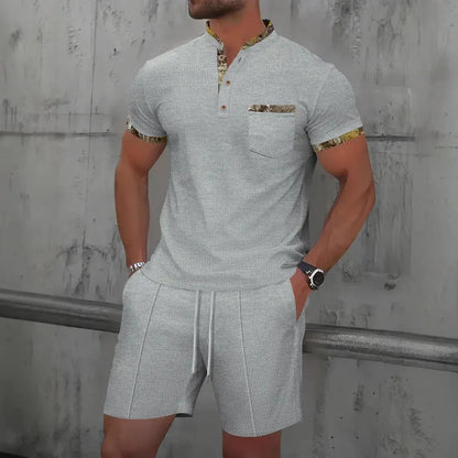 2025 Men Europe and the United States new summer Waffle solid color zip-up lapel short-sleeve suit shorts two sets NovaCart