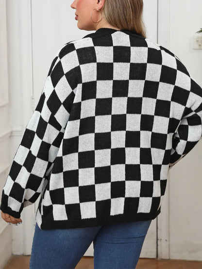 Plus Size Plaid Open Front Knitted Cardigan