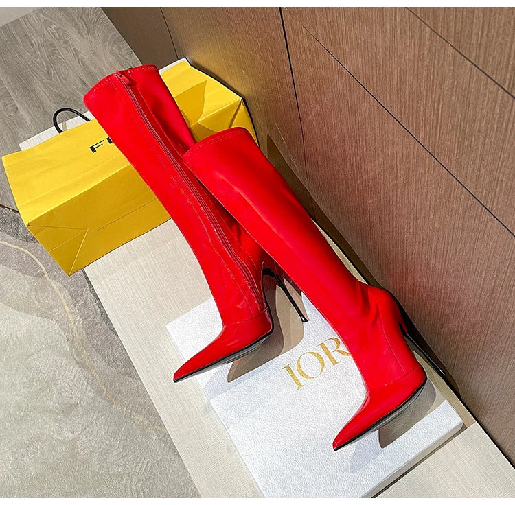 Knee-High Pointy Toe Women Boots 13cm Ultra Thin Steel High Heels Metal Heel Patent Leather Wide Calf Boots for Women Plus Size NovaCart