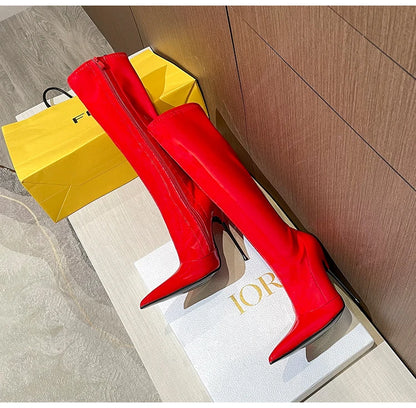 Knee-High Pointy Toe Women Boots 13cm Ultra Thin Steel High Heels Metal Heel Patent Leather Wide Calf Boots for Women Plus Size NovaCart