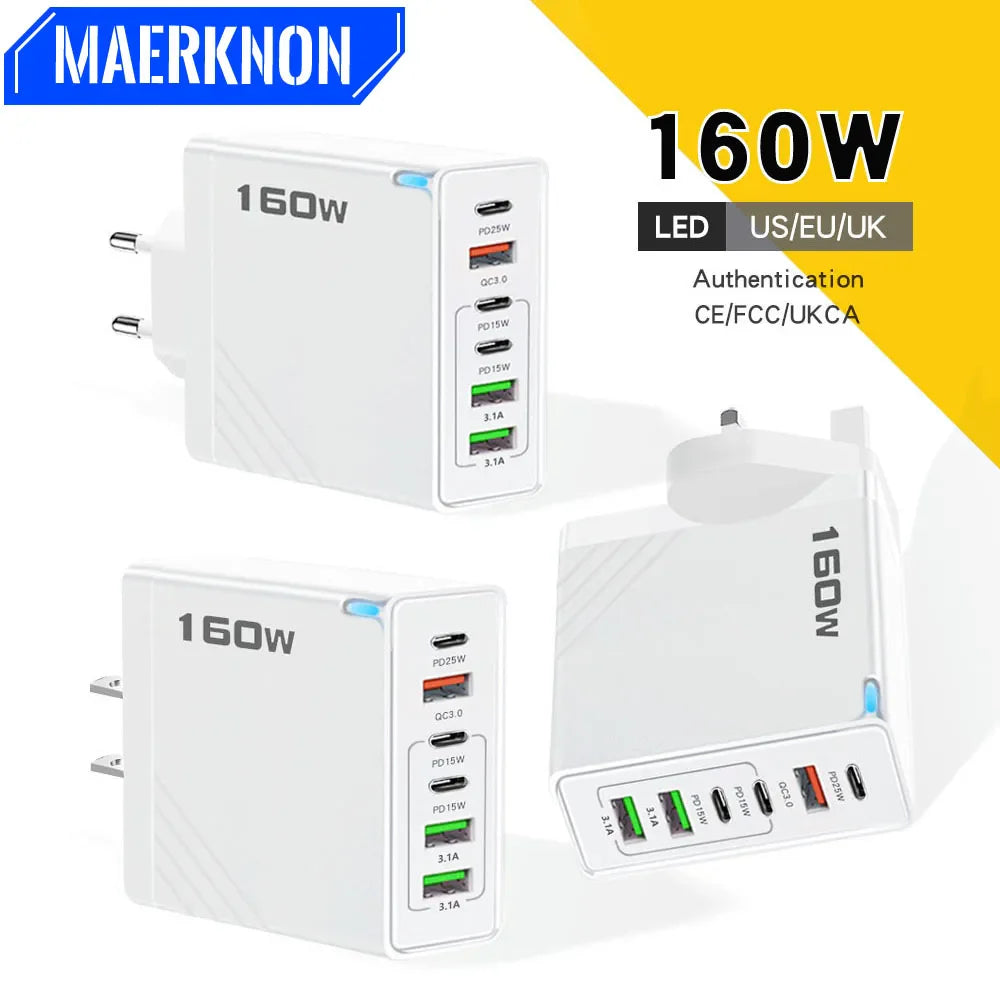 160W USB C Charger Fast Charging PD QC3.0 Wall Charger Adapter For iPhone 16 Samsung S24 Xiaomi Huawei Multi Ports Phone Charger Pi-Mart
