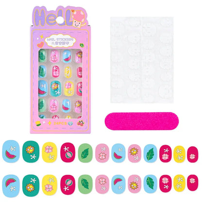 24Pcs/box Kids nails for Girl Cartoon Pattern False Nail Cute Child Fake Nails Tips Kawaii Acrylic Artificial Press on Nail+Tool NovaCart