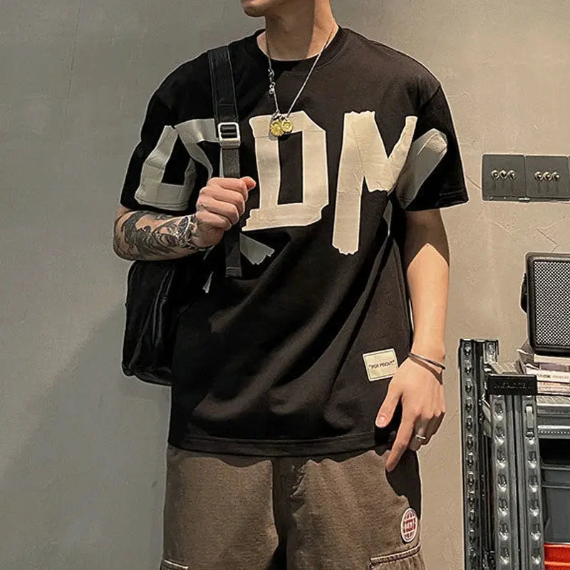 2023 Summer Casual All-match Trend Korean Fashion Short Sleeve Round Neck Solid Color Letter Printed Loose Fashion Youth T-shirt NovaCart