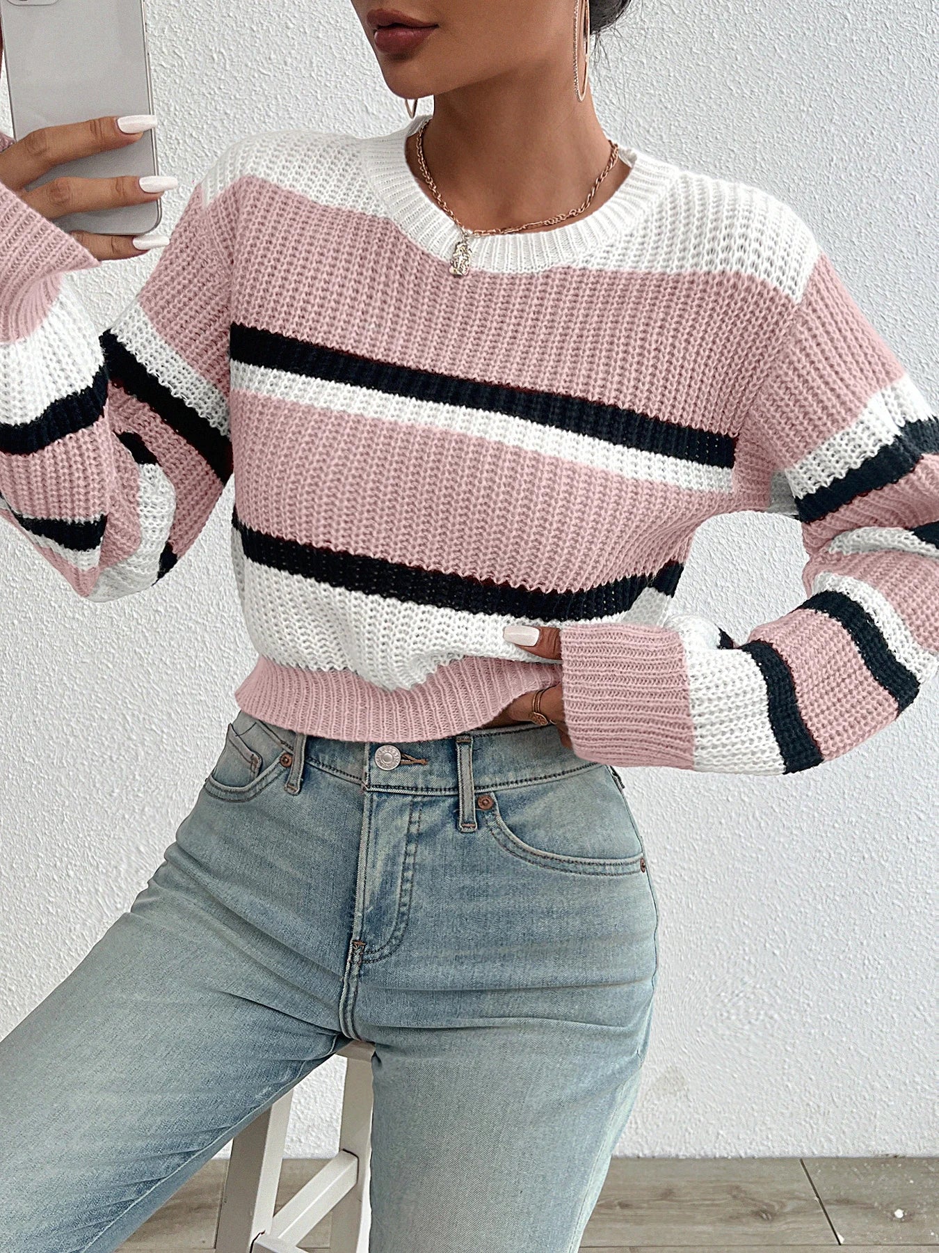 Hot sale new acrylic loose drop shoulder knitted long sleeve sweater