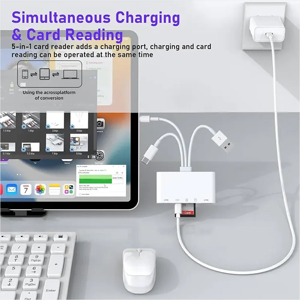Three-wire 5-in-1 card reader, multi-function OTG converter, high-speed transmission, compatible with Iphone/Android/ipad Pi-Mart