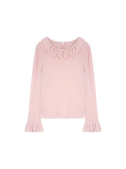 Solid Color Long Sleeve Sweet Double Layer Ruffles Crew Neck Knitted Sweater