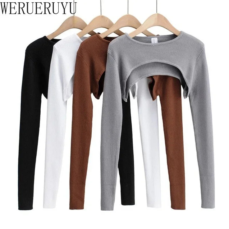 T-shirts Women Long Sleeve Crop Top Spring Autumn Y2k Aesthetic Clothes O-neck Black White Sexy Harajuku Knitted Tshirt 2023 NovaCart