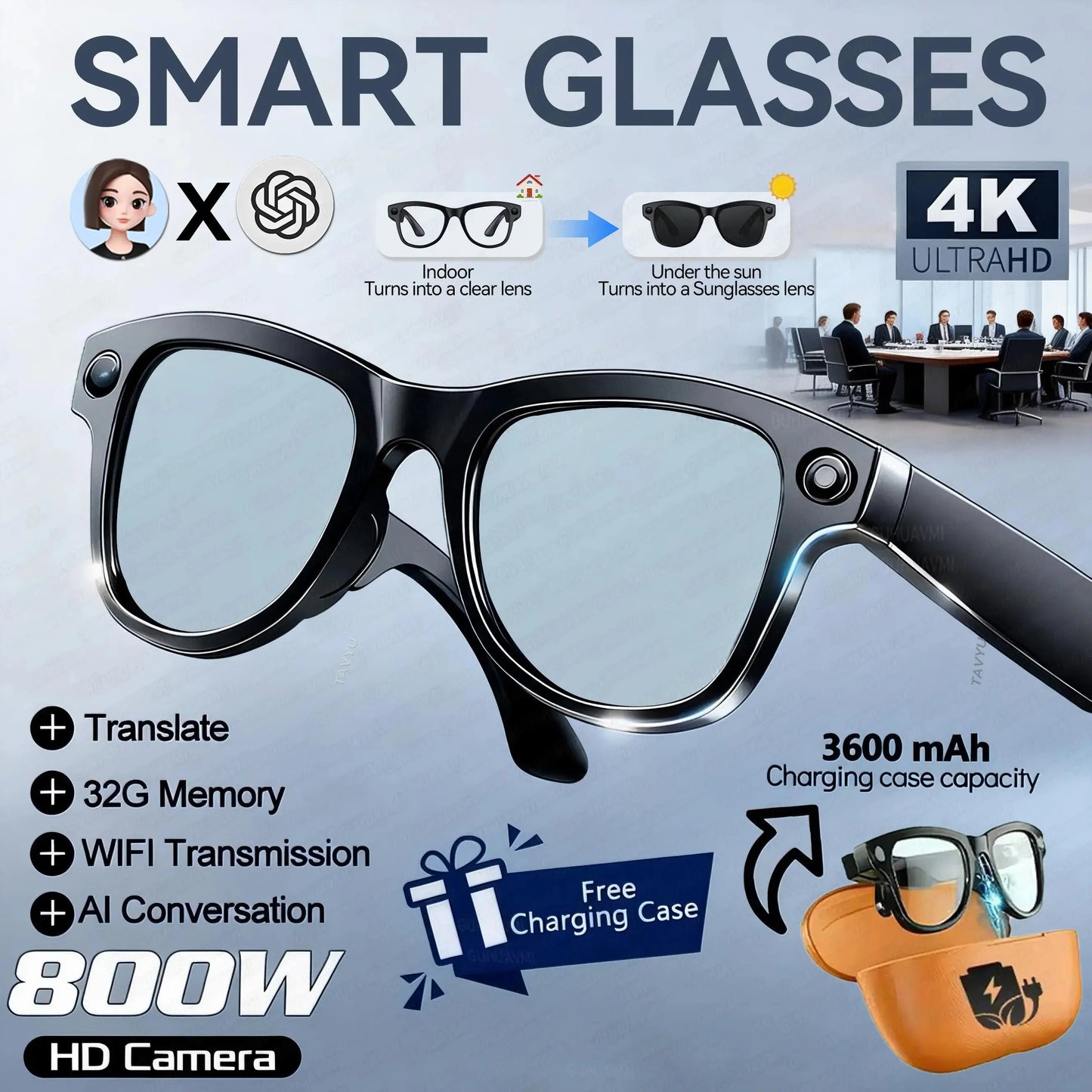 2026 New 32G Memory 800W 4K Camera Smart Glasses Men Photos&Videos 3600mAh Power Bank 120+Languages Translation AI Glasses Women NovaCart