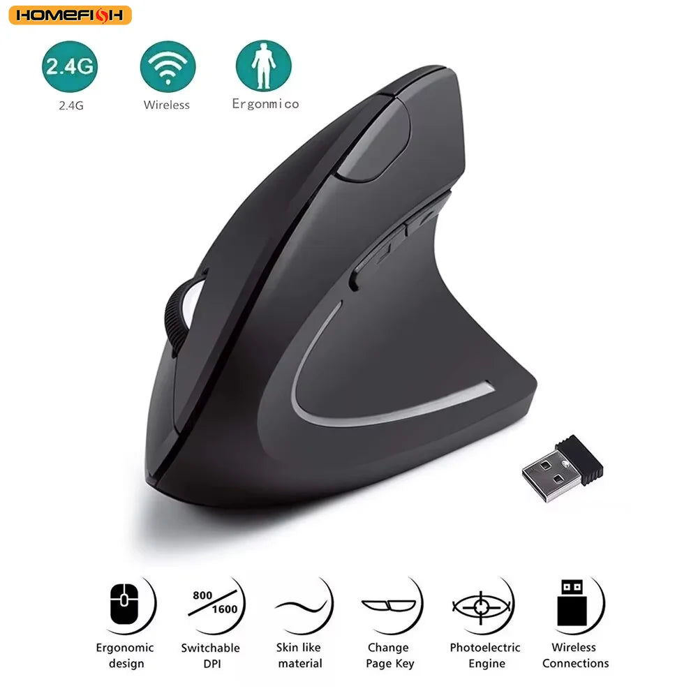 HOMEFISH Vertical Mouse Ergonomic 2.4GHz Wireless Optical Mice 3 Adjustable DPI 800/1200/1600 6 Buttons for Laptop PC Computer Pi-Mart