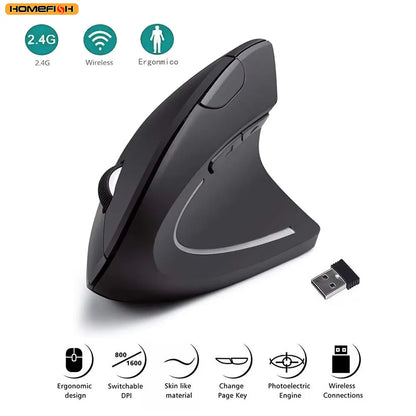 HOMEFISH Vertical Mouse Ergonomic 2.4GHz Wireless Optical Mice 3 Adjustable DPI 800/1200/1600 6 Buttons for Laptop PC Computer Pi-Mart