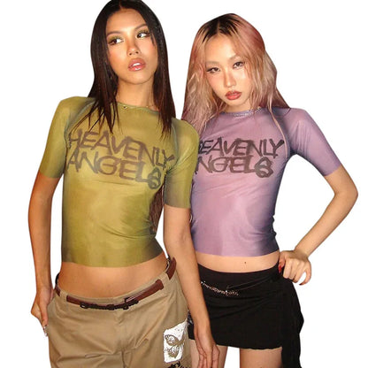Y2K Letter Print Top See Through Graphic T Shirts For Women Clothing Short Sleeve Aesthetic Ropa De Mujer Skinny Sexy Streetwear NovaCart