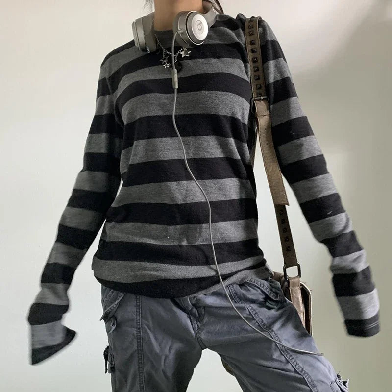 Women Teen Girls Fairy Grunge Y2k Long Sleeve Baggy Shirt Tops Striped Baby Tees Vintage Streetwear T-Shirt Autumn Clothes NovaCart