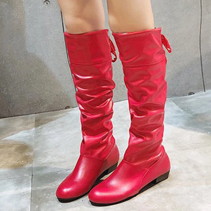 2024Shoes For Women  Knee High Boots Red Black White Tall Boots Woman Pleated Low Heel Casual Leather Female Long Shoes NovaCart