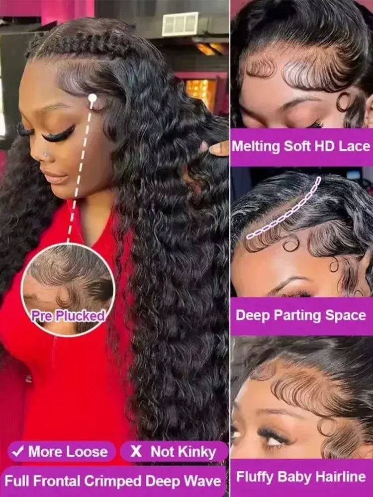 13x6 Glueless 250 Density Brazilian Deep Wave Curly HD Lace Frontal 100% Human Hair Wig For Women Preplucked Best Hair Water Wig NovaCart