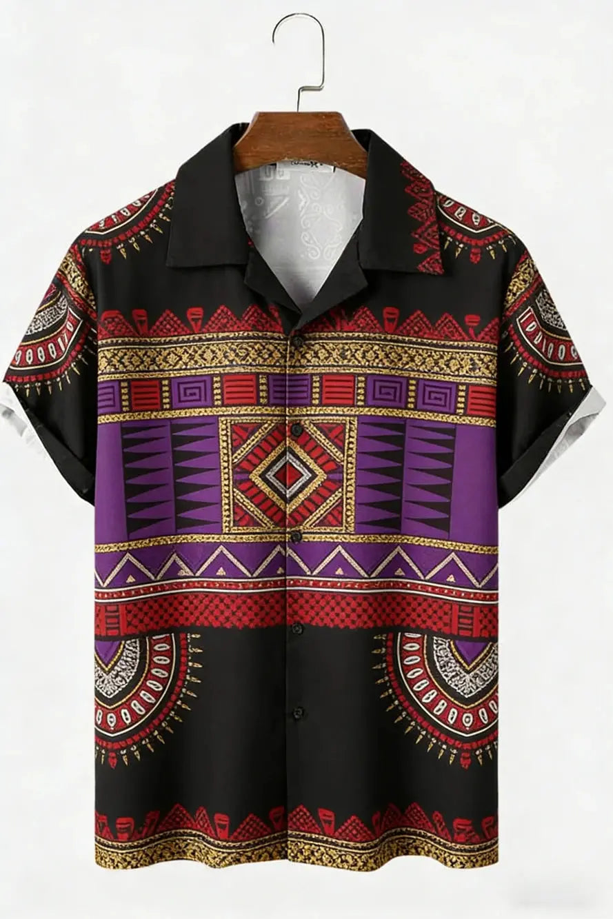 Men's New Linen Ethnic Tribal Style 3D Printed Shirt Hawaiian Tropical Breathable Comfortable Short-sleeved Lapel Clothes Men'S NovaCart