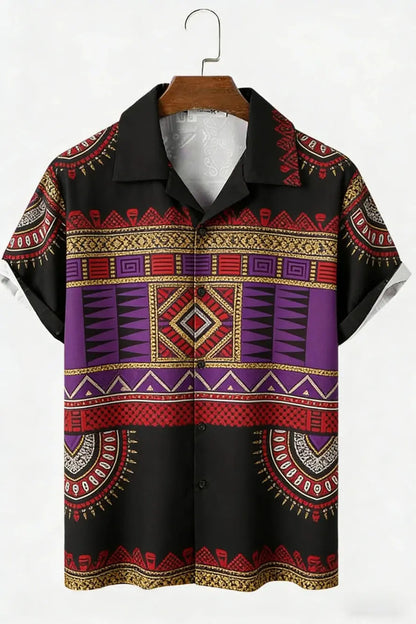 Men's New Linen Ethnic Tribal Style 3D Printed Shirt Hawaiian Tropical Breathable Comfortable Short-sleeved Lapel Clothes Men'S NovaCart