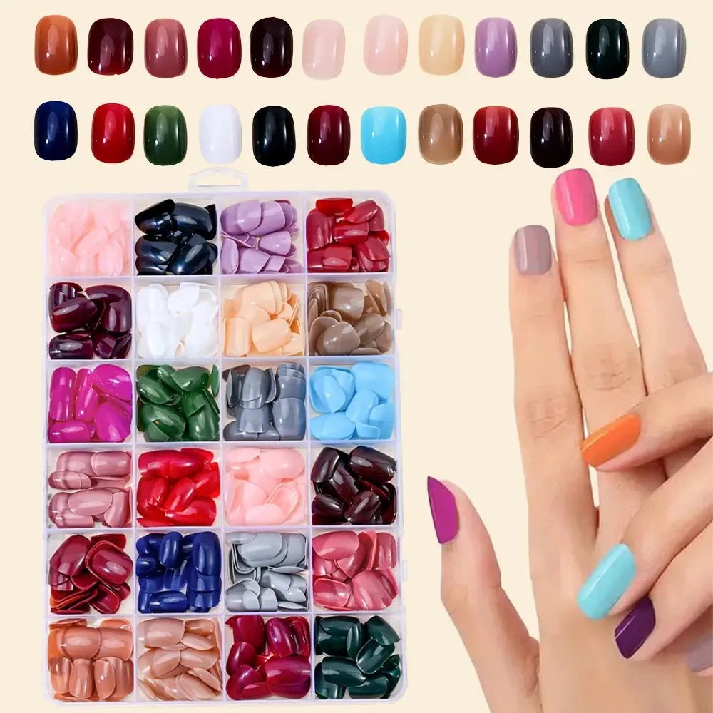 576pcs Short Round Square Fake Nails Glossy 24 Solid Colors Press on Nails Full Cover Artificial  Fingernail False Nail Tips #XS NovaCart