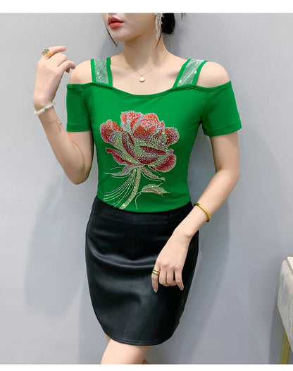 M-3XL Summer European Women's Clothes High Quality T-Shirt Luxury Hot Diamonds Design Slim Tees Sexy Girls Streetwear Tops NovaCart