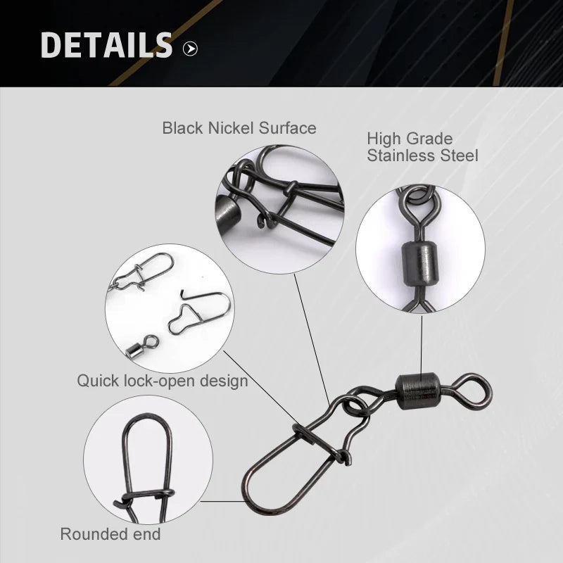 50pc/box Stainless Steel Fishing Connector Pin 4# 6# 8#10#12# Bearing Rolling Swivel with Snap Fishhook Lure Accessories Pi-Mart