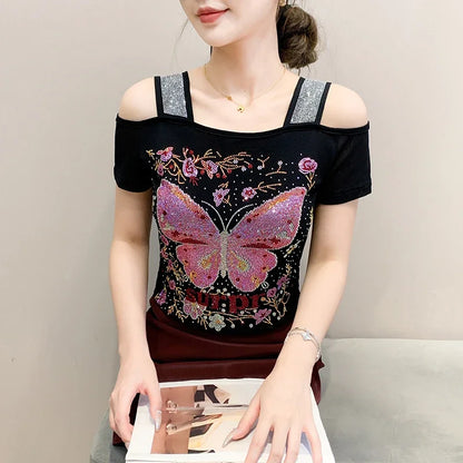 Women's Clothes New Design Sexy Off Shoulder Shiny Diamonds T-Shirts Luxury Brand Mesh Tees Tops Blouse Shirt NovaCart