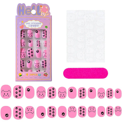24Pcs/box Kids nails for Girl Cartoon Pattern False Nail Cute Child Fake Nails Tips Kawaii Acrylic Artificial Press on Nail+Tool NovaCart
