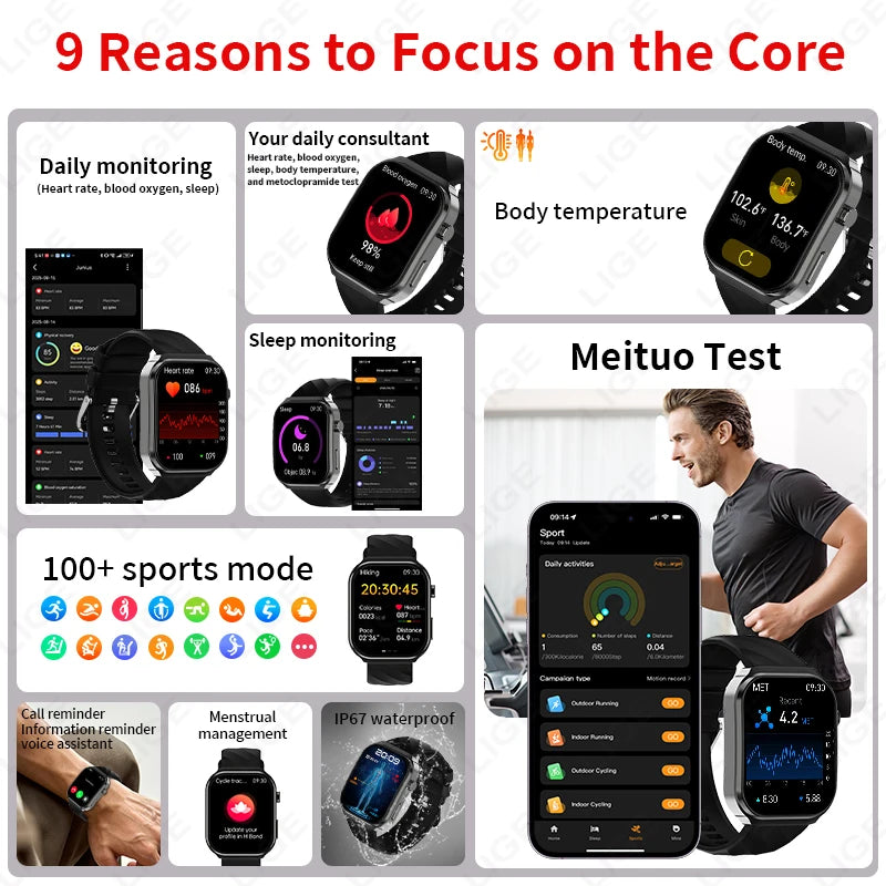 LIGE New Blood Lipid Uric Acid Analysis Health Smart Watch For Men Women Blood Pressure Blood Oxygen Clock Call Smart Watch 2026 NovaCart