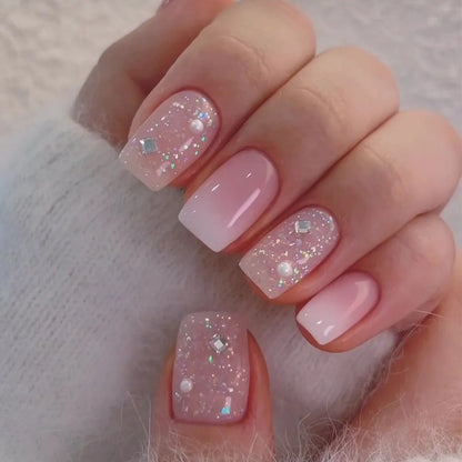 24Pcs Short Square Coffin False Nails Square Fake Nails with Glue French Glitter Wearable Acrylic Nails Set Press on Nail Tips NovaCart