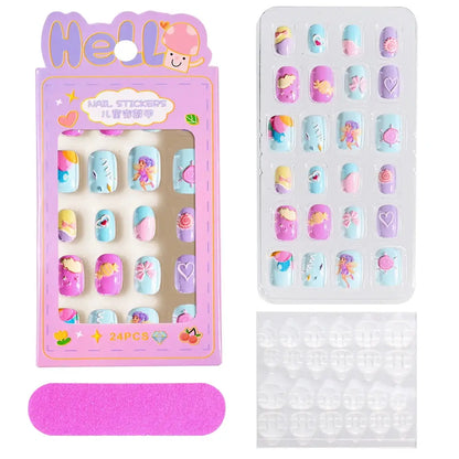 24Pcs/box Kids nails for Girl Cartoon Pattern False Nail Cute Child Fake Nails Tips Kawaii Acrylic Artificial Press on Nail+Tool NovaCart