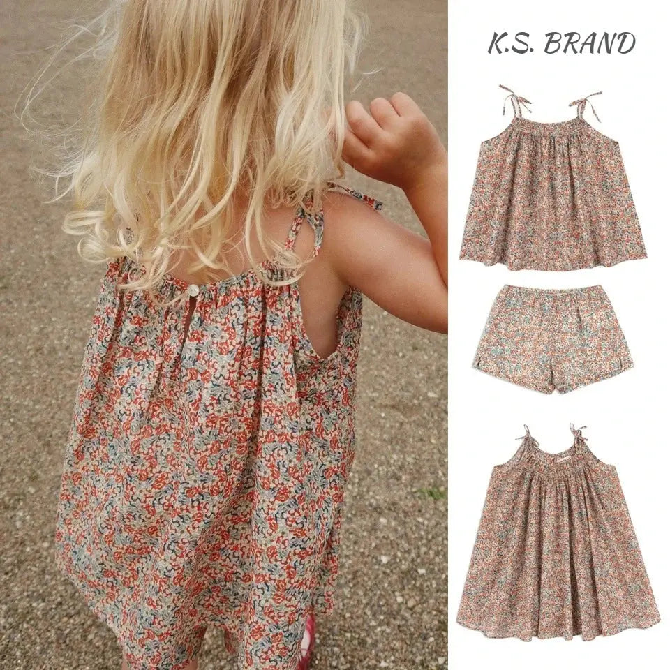2026 New KS Summer Baby Girls Cotton Slip Dresses Kids Clothes Girl Floral Print Tank Top T-shirts Shorts Suits Children's Sets NovaCart