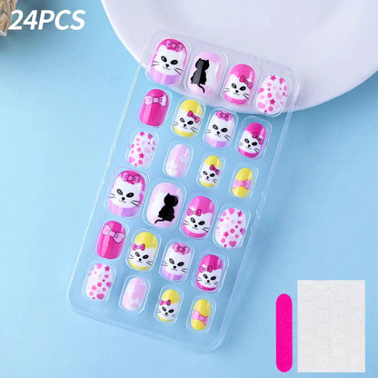 24Pcs/box Kids nails for Girl Cartoon Pattern False Nail Cute Child Fake Nails Tips Kawaii Acrylic Artificial Press on Nail+Tool NovaCart