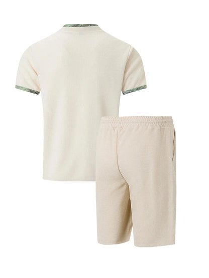 2025 Men Europe and the United States new summer Waffle solid color zip-up lapel short-sleeve suit shorts two sets NovaCart