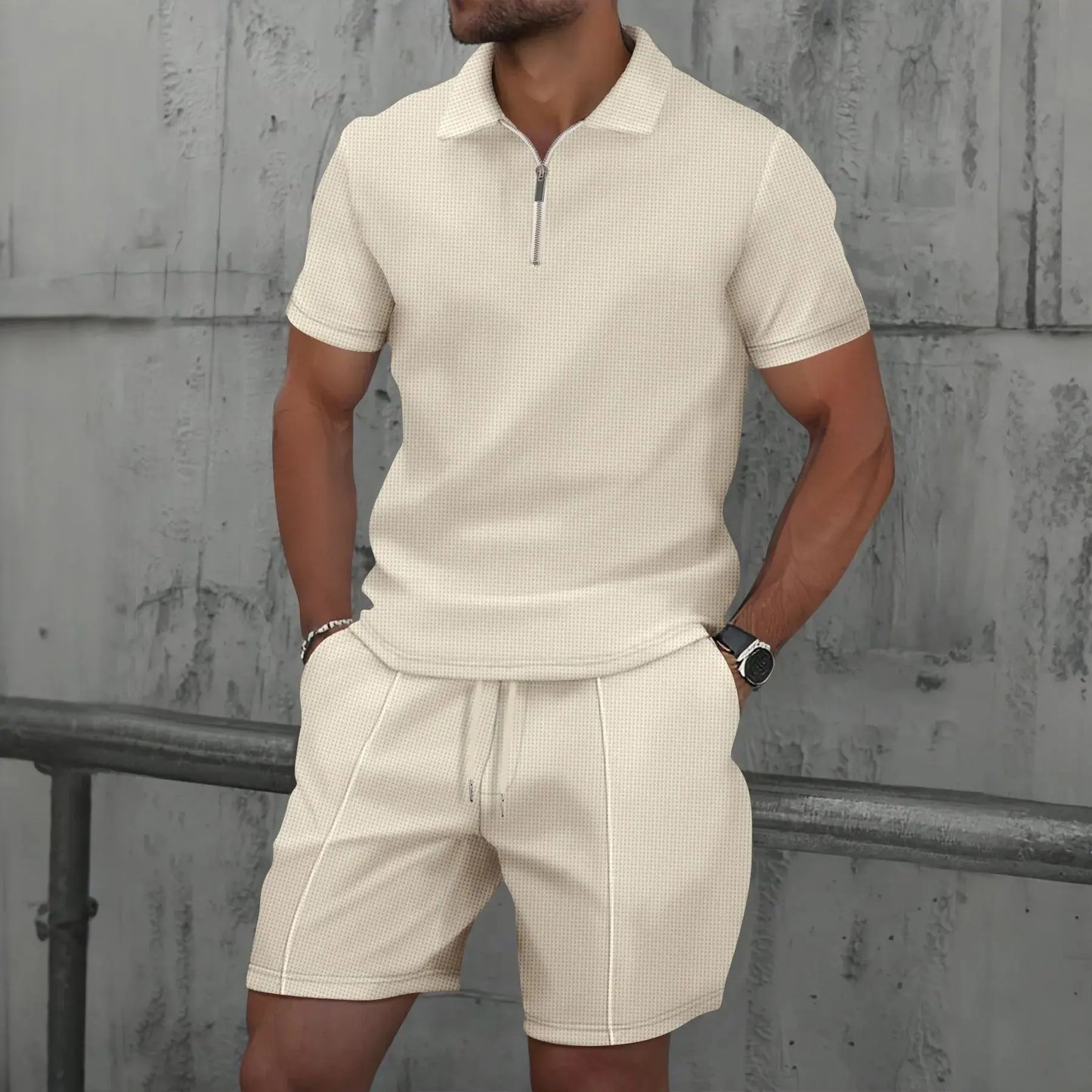 2025 Men Europe and the United States new summer Waffle solid color zip-up lapel short-sleeve suit shorts two sets NovaCart