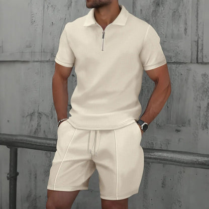 2025 Men Europe and the United States new summer Waffle solid color zip-up lapel short-sleeve suit shorts two sets NovaCart
