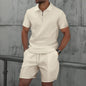 2025 Men Europe and the United States new summer Waffle solid color zip-up lapel short-sleeve suit shorts two sets NovaCart
