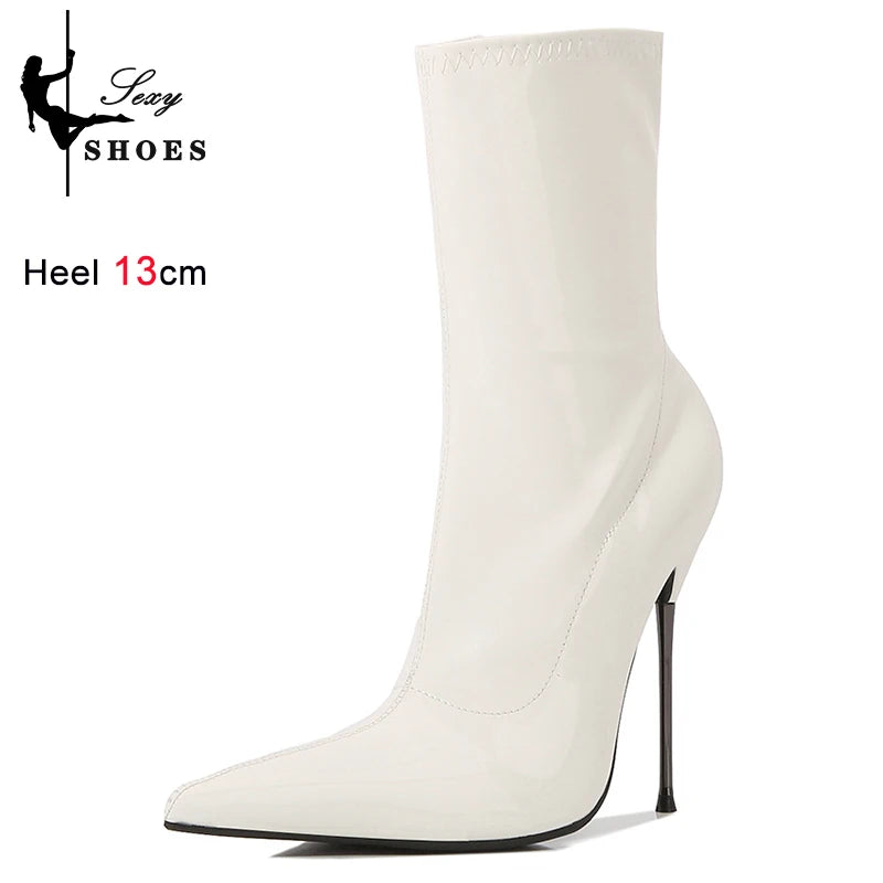 Knee-High Pointy Toe Women Boots 13cm Ultra Thin Steel High Heels Metal Heel Patent Leather Wide Calf Boots for Women Plus Size NovaCart