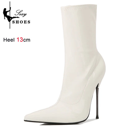 Knee-High Pointy Toe Women Boots 13cm Ultra Thin Steel High Heels Metal Heel Patent Leather Wide Calf Boots for Women Plus Size NovaCart