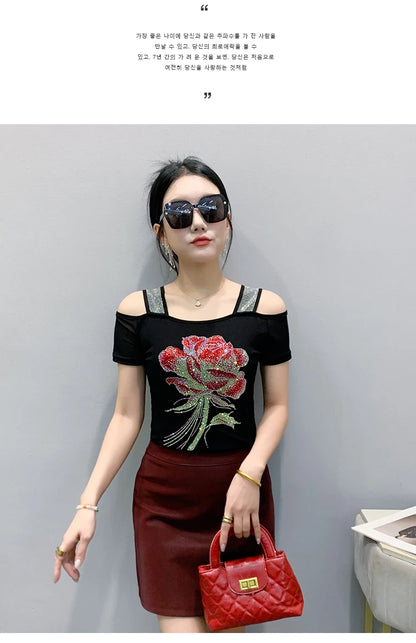 M-3XL Summer European Women's Clothes High Quality T-Shirt Luxury Hot Diamonds Design Slim Tees Sexy Girls Streetwear Tops NovaCart