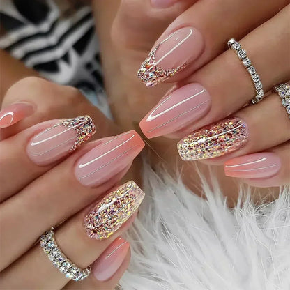 24Pcs Short Square Coffin False Nails Square Fake Nails with Glue French Glitter Wearable Acrylic Nails Set Press on Nail Tips NovaCart