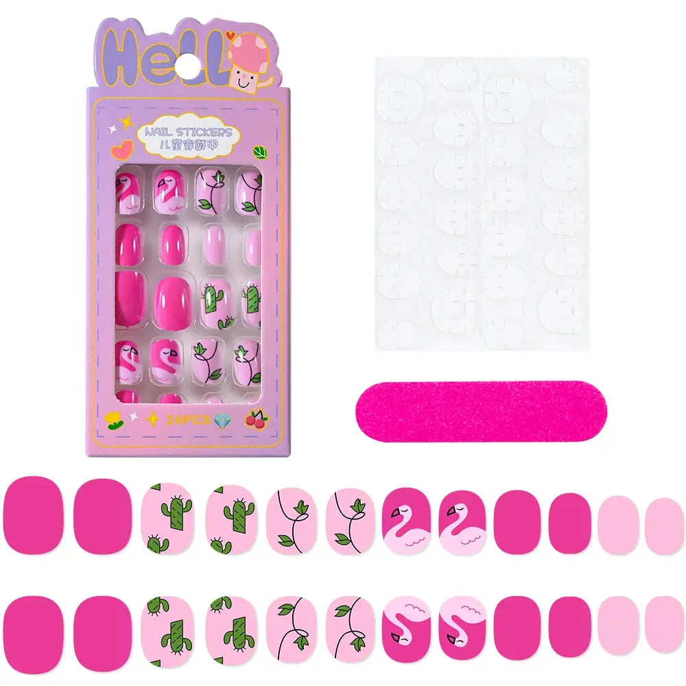 24Pcs/box Kids nails for Girl Cartoon Pattern False Nail Cute Child Fake Nails Tips Kawaii Acrylic Artificial Press on Nail+Tool NovaCart